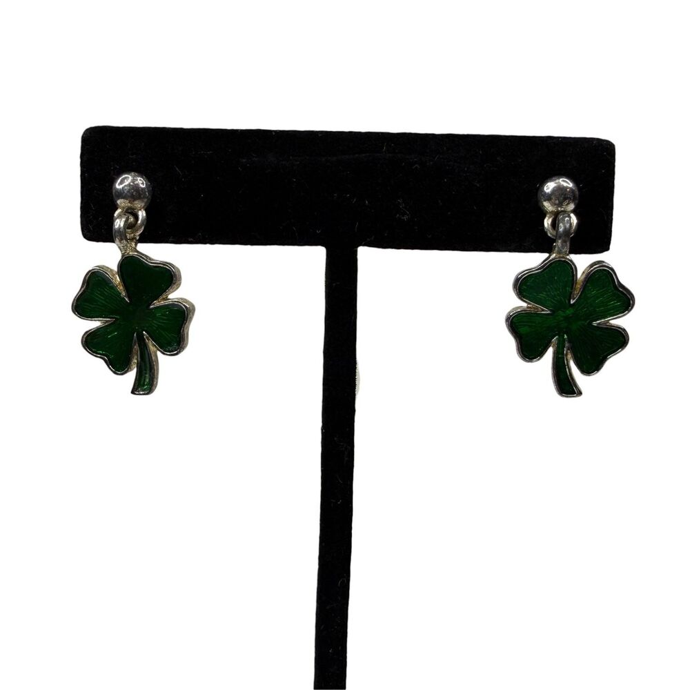 ST Patricks Green Enamel Four Leaf Clover Dangle Earrings Silver Tone 1"